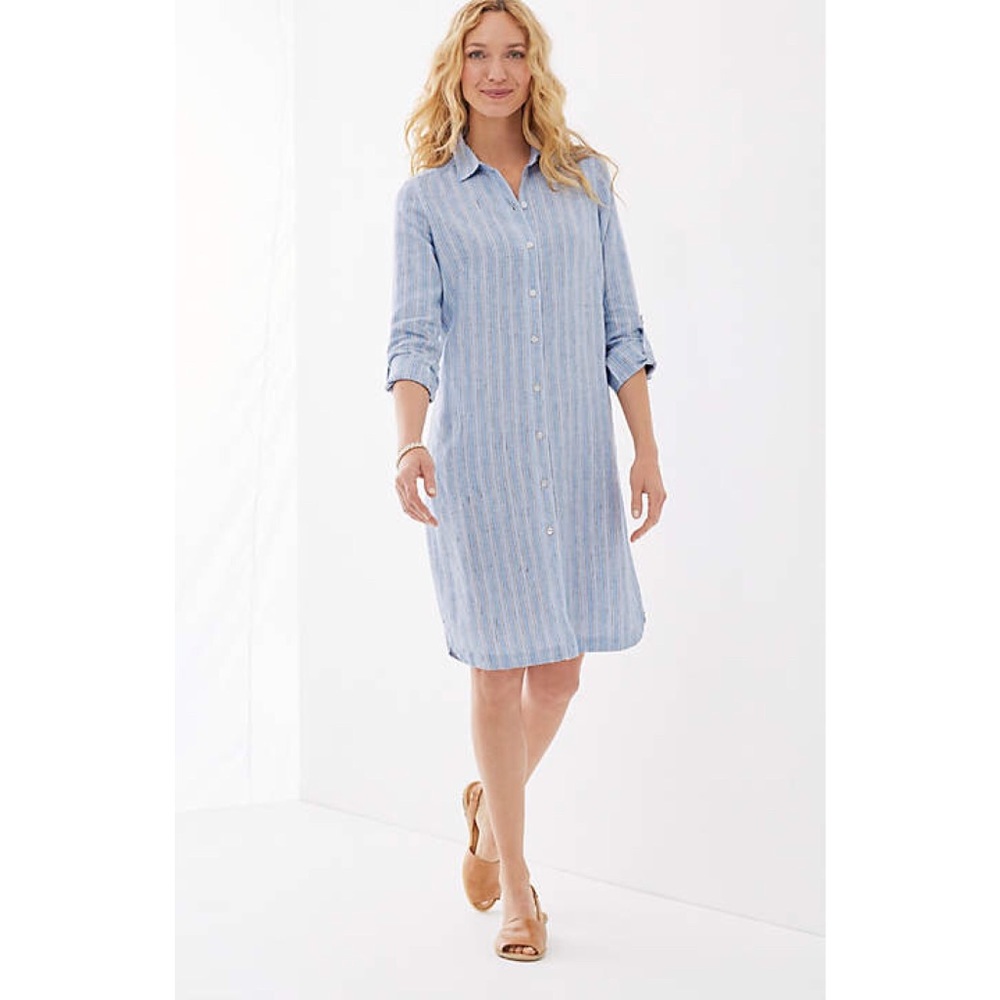 NWT J.Jill Linen Blue Striped Shirtdress